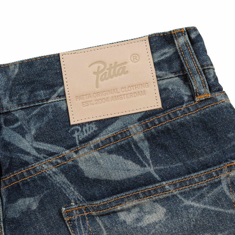 Patta Leaves Laser Printed Denim Jeans